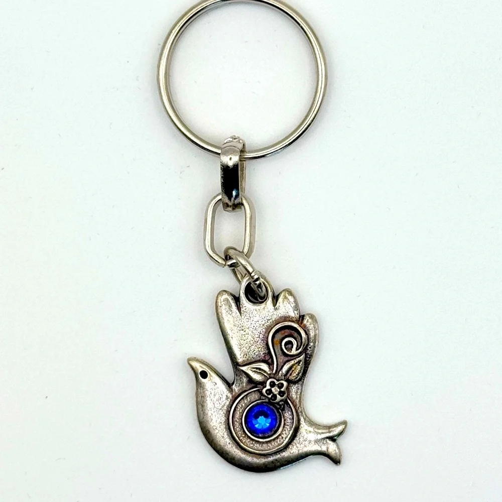 NIB Silver Tone Dove with Olive Branch Keychain Blue Gem Accent Engraved “Isram”